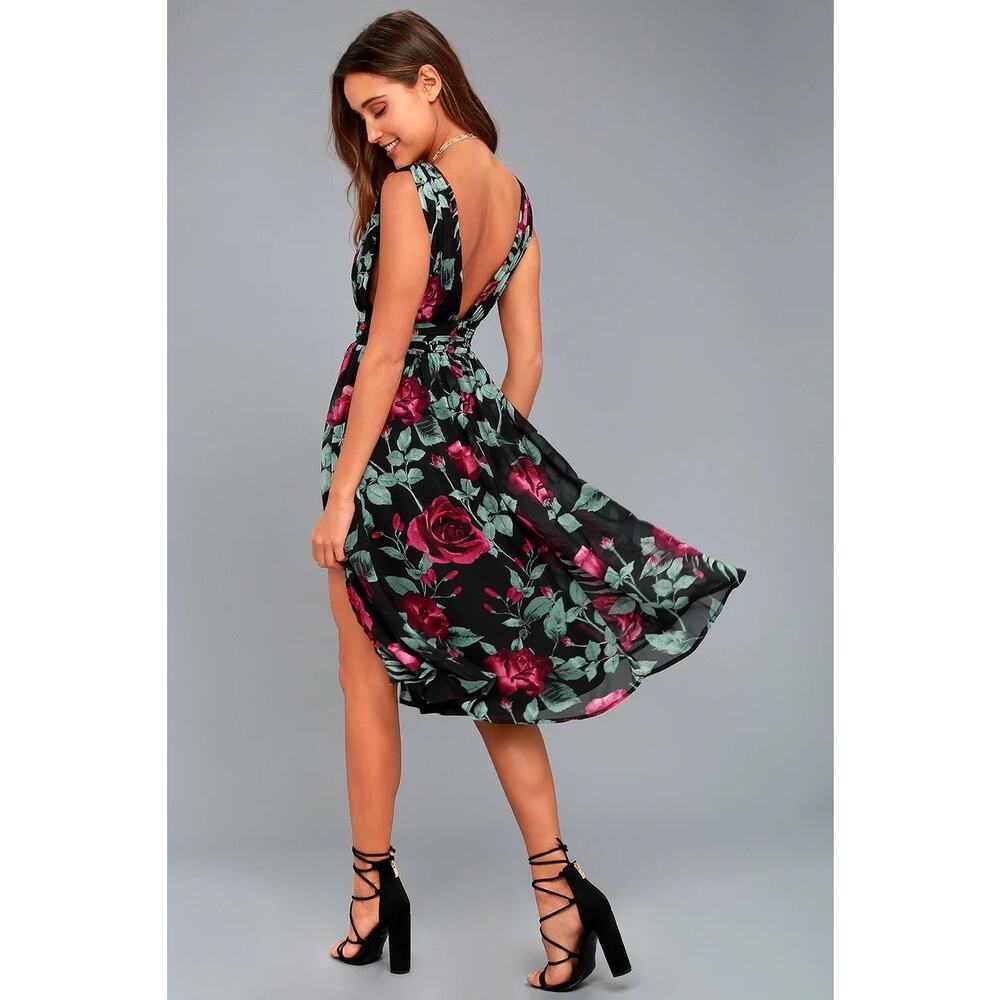 New Lulu's Queen of Hearts Black Rose Midi Dress size XS - Picture 2 of 8